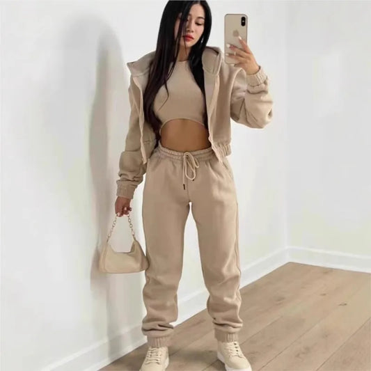 Damen 3-teilige Sets Anzug Lässig Langarm Hoodie Tanktop Jogginghose Sportliches Dreiteiliges Outfit