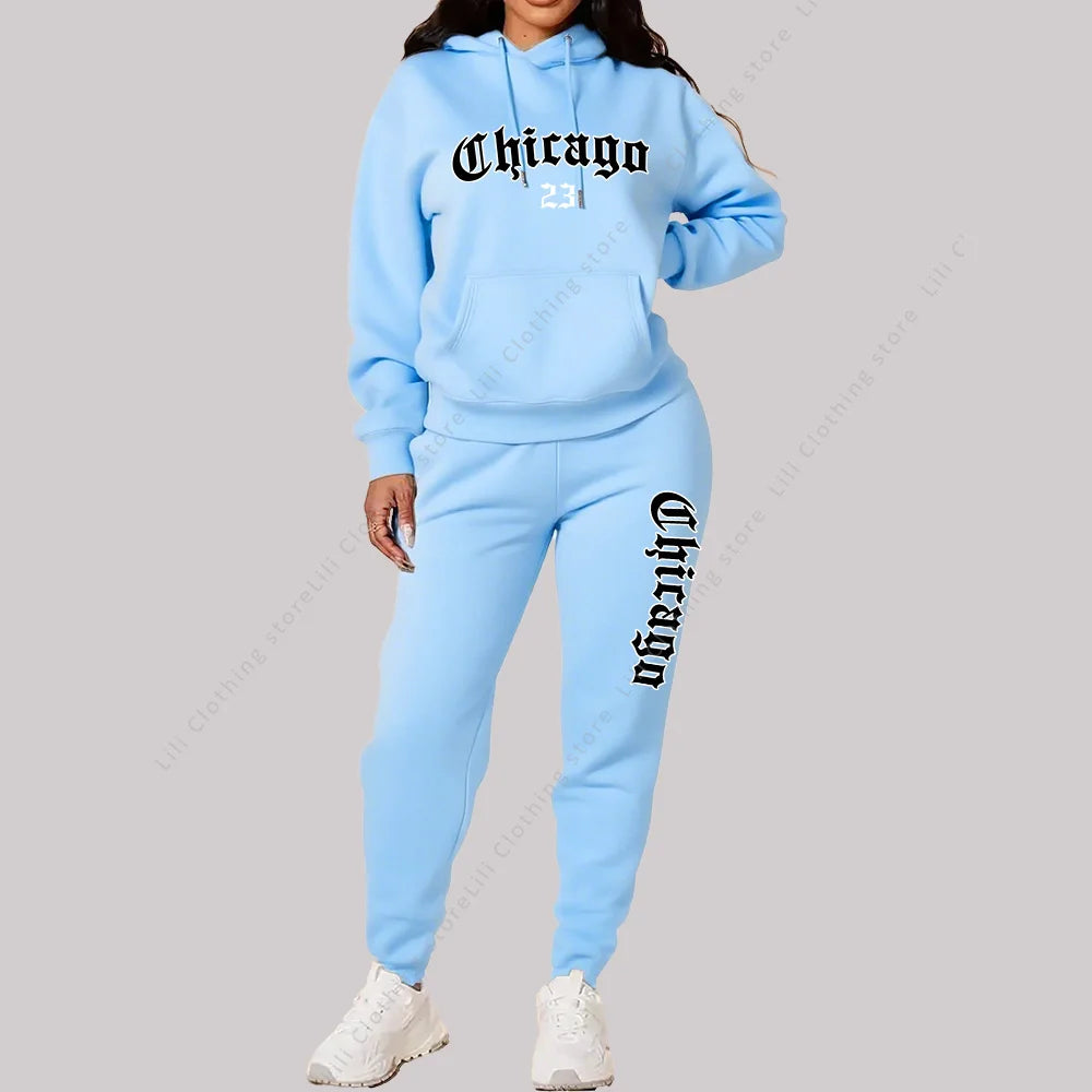 Damen Sets Hoodies Hosen 2-teilige Outfits Ästhetische Sportbekleidung Trainingsanzug Chicago Grafik Buchstaben Druck Plus Size Rosa Trainingsanzug