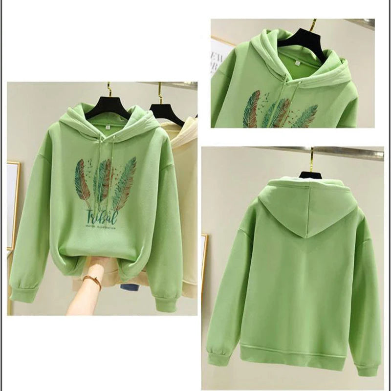 Damenmode Federbedruckte Kapuzenpullover Herbst Winter Plus Samt Lässiges Lockeres Sweatshirt