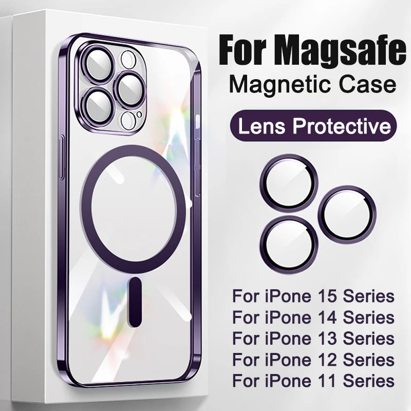 Verchromtes weiches TPU-Case mit vollständigem Linsenschutz für iPhone 13 14 12 11 15 Pro Max Plus Magsafe magnetische Handyhülle kabelloses Ladecover