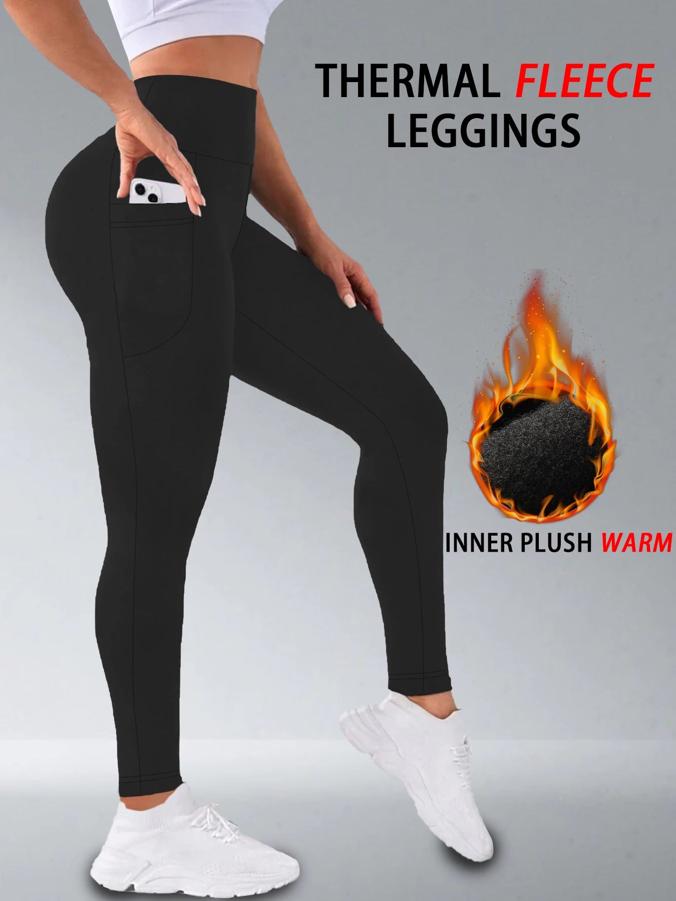 Damen Thermo-Leggings mit Hoher Taille und Taschen – Fleecegefüttert, Bauchformend, Winterwarm, Dicke Strumpfhose, Sport- und Laufhose