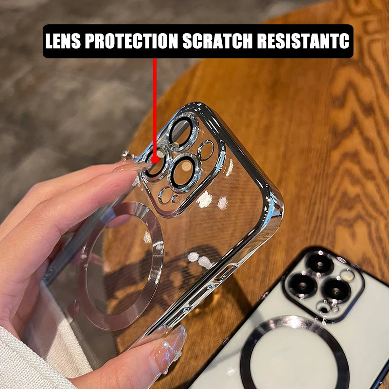 Verchromtes weiches TPU-Case mit vollständigem Linsenschutz für iPhone 13 14 12 11 15 Pro Max Plus Magsafe magnetische Handyhülle kabelloses Ladecover