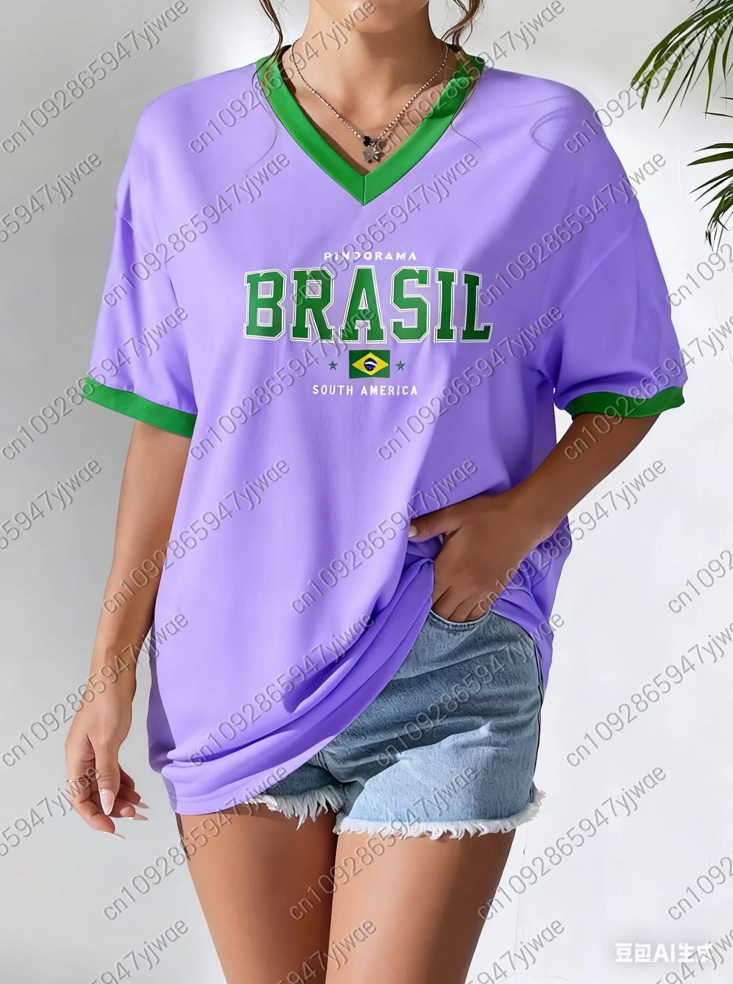 Sommer Damen V-Ausschnitt T-Shirt Brasilien Druck Leicht Atmungsaktiv Kurzarm Baseball T-Shirt Damen Trikot T-Shirt