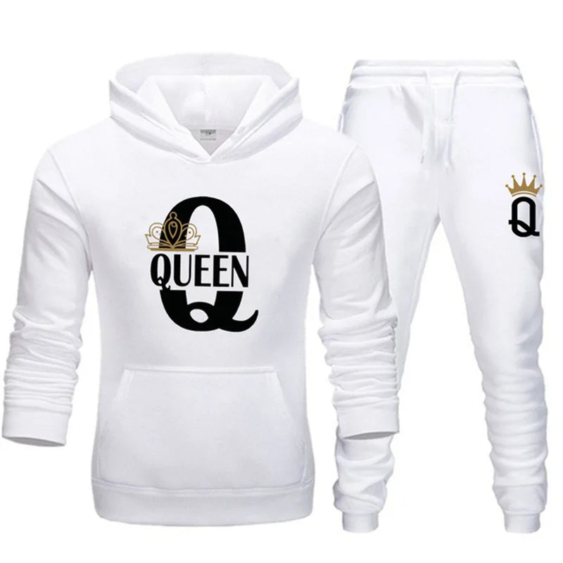 2026 Neue Frühling - und Herbst-Damen- und Herrenpullover-Set KING QUEEN Lockeres Entspanntes Kapuzenpullover-Set für Paare mit Aufdruck