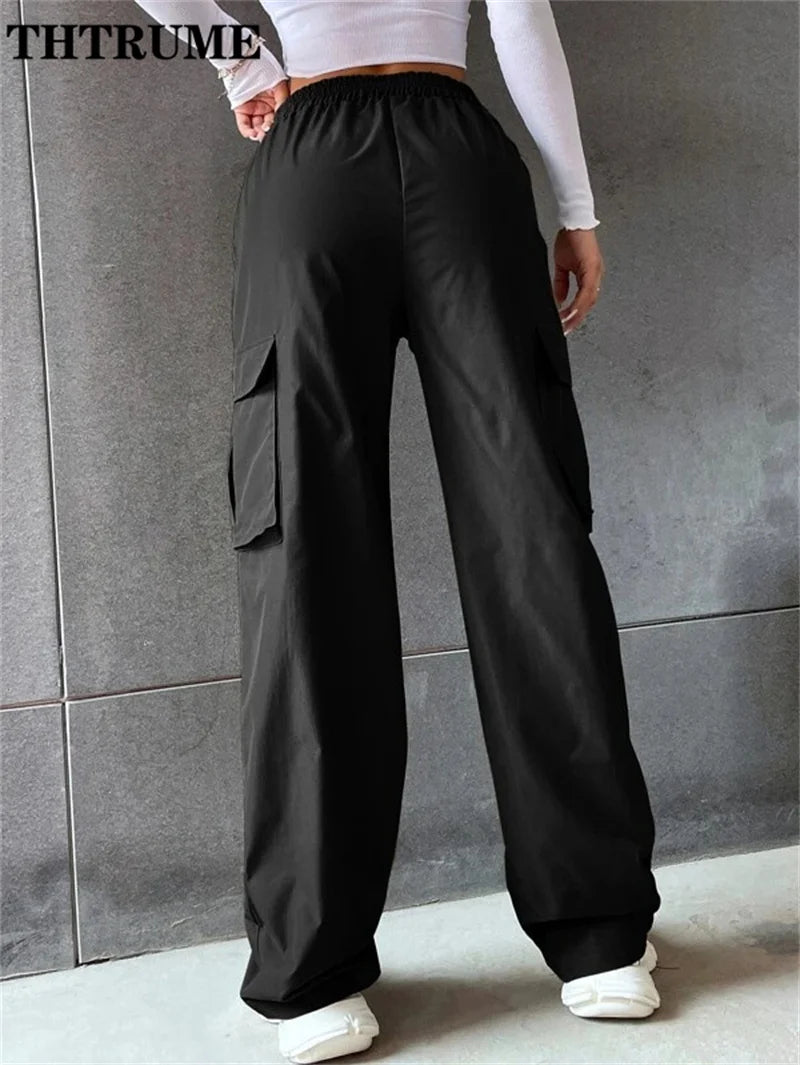 Vintage Streetwear Cargo-Hosen Mode Damen Einfarbig Oversized Tasche Hohe Taille Baggy Hose Lässig Hip-Hop Gerade Neue Hose