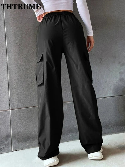 Vintage Streetwear Cargo-Hosen Mode Damen Einfarbig Oversized Tasche Hohe Taille Baggy Hose Lässig Hip-Hop Gerade Neue Hose