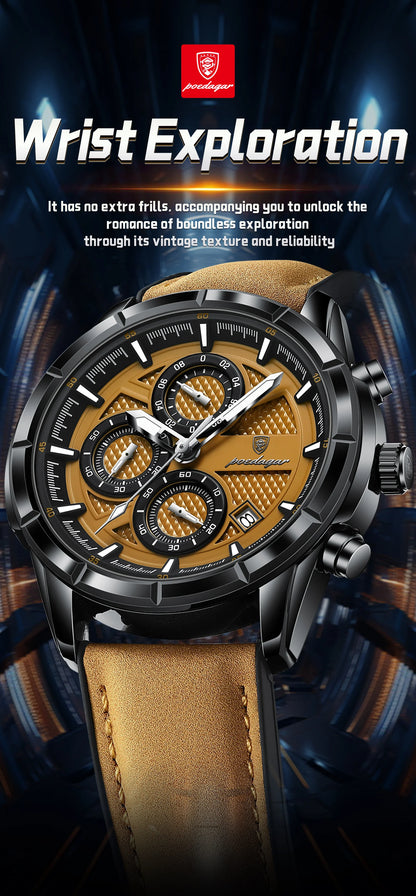 POEDAGAR Luxus Herrenarmbanduhr Quarz Original Leder Herren Uhren Datum Chronograph Wasserdicht Leuchtende Herrenuhr Männlich+Box
