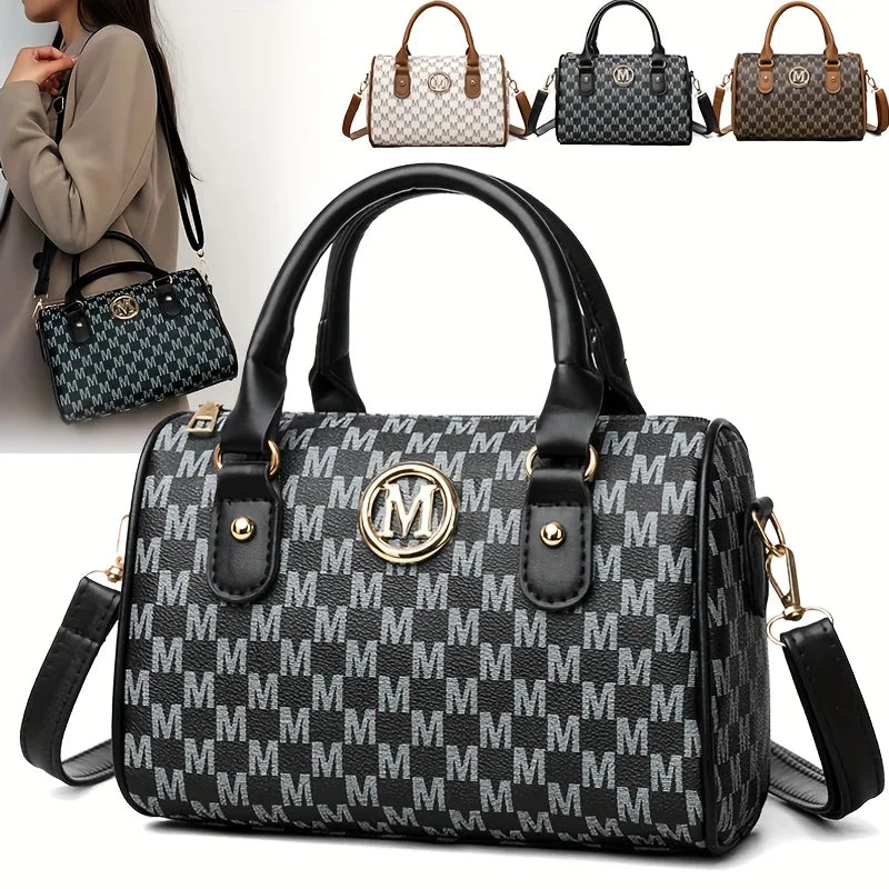 Damen Alphabet Schultertasche mit goldenem "M"-Logo, kleine Umhängetasche aus synthetischem Kunstleder für Arbeit, Reisen, Partys und als Geschenk