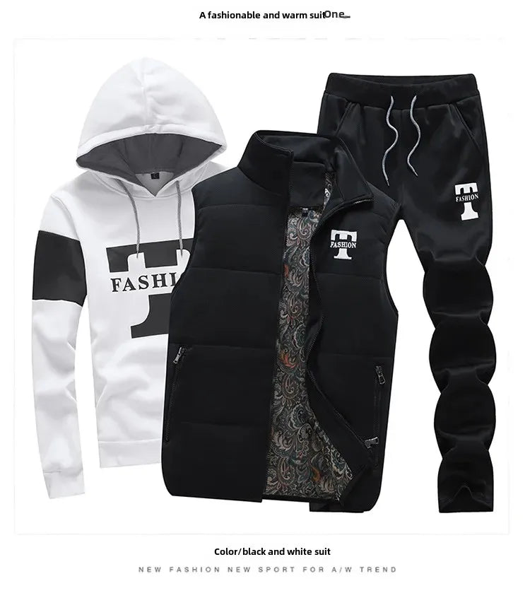 Herren Kapuzenpullover Herbst Winter Fleecegefüttert Verdicktes Freizeit-Sportanzug Modisches Dreiteiliges Set