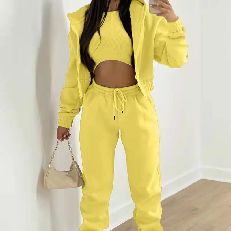 Damen 3-teilige Sets Anzug Lässig Langarm Hoodie Tanktop Jogginghose Sportliches Dreiteiliges Outfit