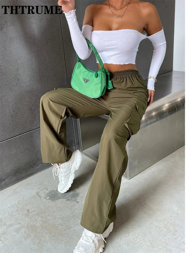 Vintage Streetwear Cargo-Hosen Mode Damen Einfarbig Oversized Tasche Hohe Taille Baggy Hose Lässig Hip-Hop Gerade Neue Hose