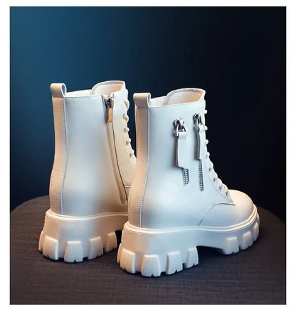 Stiefeletten 2025 Neuer koreanischer Stil mit Fleece gefüttert, Herbst-Winter High-Top Baumwollschuhe, Damenstiefel mit hohem Absatz, mittelhohe Stiefel