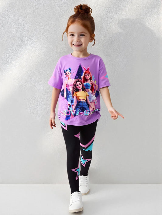 Frühling/Sommer Mädchen Mode Zweiteiliges Set, K-Pop Cartoon Anime 3D Druck Rundhalsausschnitt T-Shirt Enganliegende Hose Set