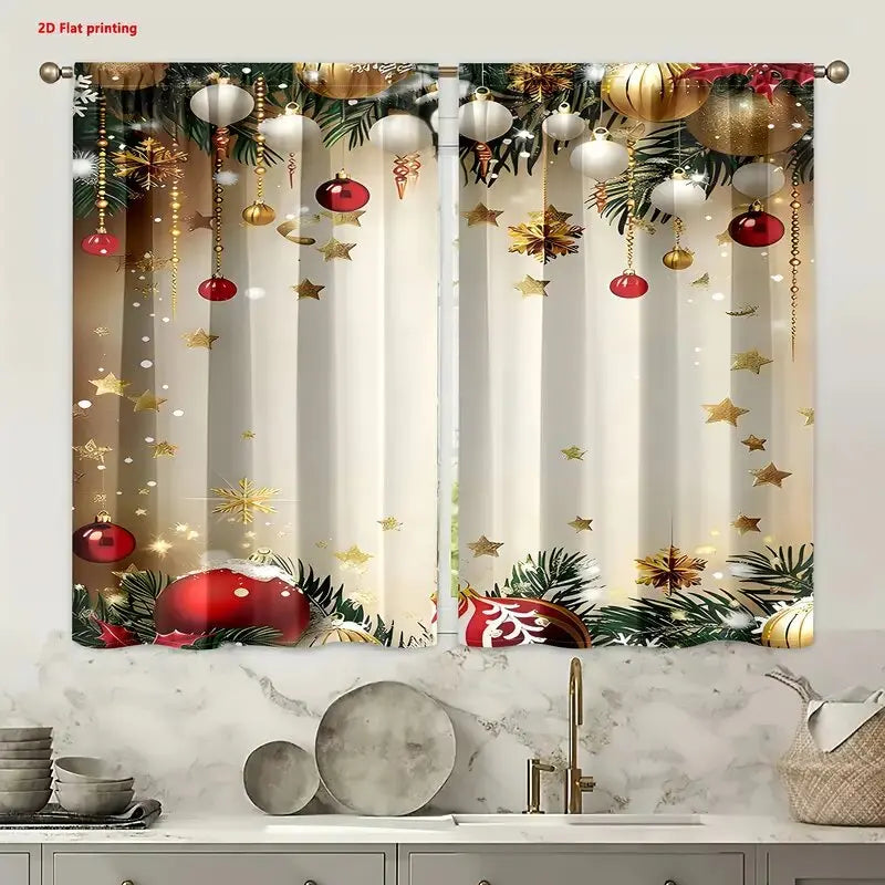 2 Stück Weihnachtsdekorationsvorhänge mit Aufdruck, geeignet für Schlafzimmer, Wohnzimmer, Küchendekoration, Wohnungsdekoration, Fensterdekoration