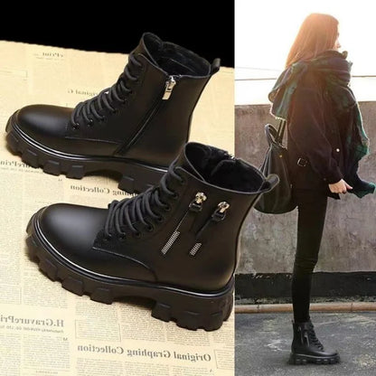 Stiefeletten 2025 Neuer koreanischer Stil mit Fleece gefüttert, Herbst-Winter High-Top Baumwollschuhe, Damenstiefel mit hohem Absatz, mittelhohe Stiefel