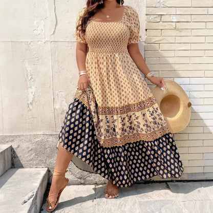 Großgröße Bohemian-Print Kurzarmkleid Große Größe Polyesterfaser Bedrucktes Muster Damenbekleidung Kurze Kleider
