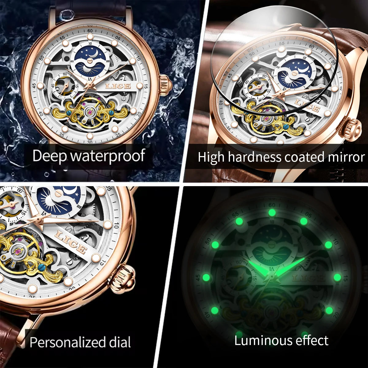 Neue LIGE Skelett Mechanische Automatik-Uhr Herren Tourbillon Sportuhr Freizeit Business Mond Armbanduhr Relojes Hombre