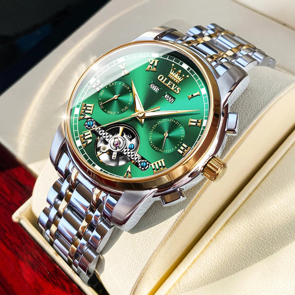 OLEVS Herren Uhren Automatische Mechanische Business Armbanduhr Wasserdicht Edelstahlarmband Uhr für Männer Skelett Kalender