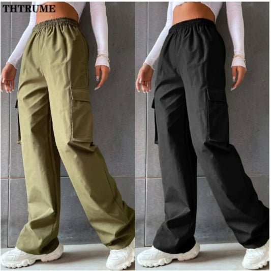 Vintage Streetwear Cargo-Hosen Mode Damen Einfarbig Oversized Tasche Hohe Taille Baggy Hose Lässig Hip-Hop Gerade Neue Hose