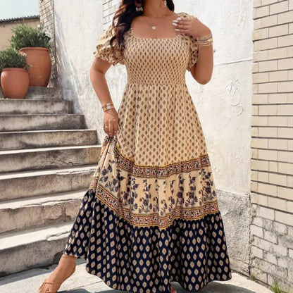 Großgröße Bohemian-Print Kurzarmkleid Große Größe Polyesterfaser Bedrucktes Muster Damenbekleidung Kurze Kleider