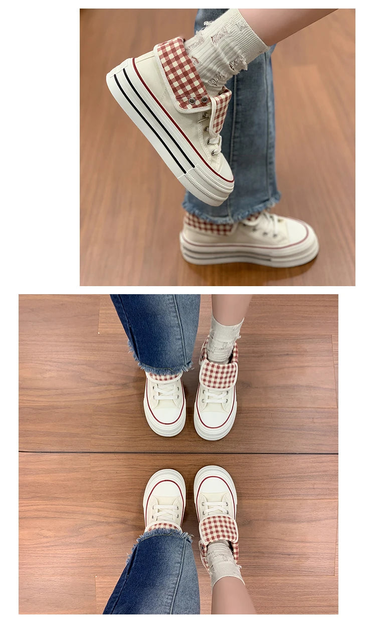 2026 Neue Mode Dicksohlige Kariert Nische INS Trendiges Design Lässige Vielseitige Dicksohlige Faltbare Canvas-Schuhe