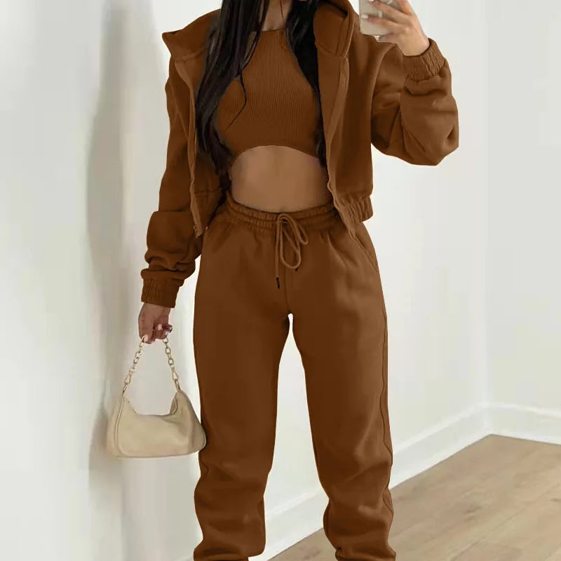 Damen 3-teilige Sets Anzug Lässig Langarm Hoodie Tanktop Jogginghose Sportliches Dreiteiliges Outfit