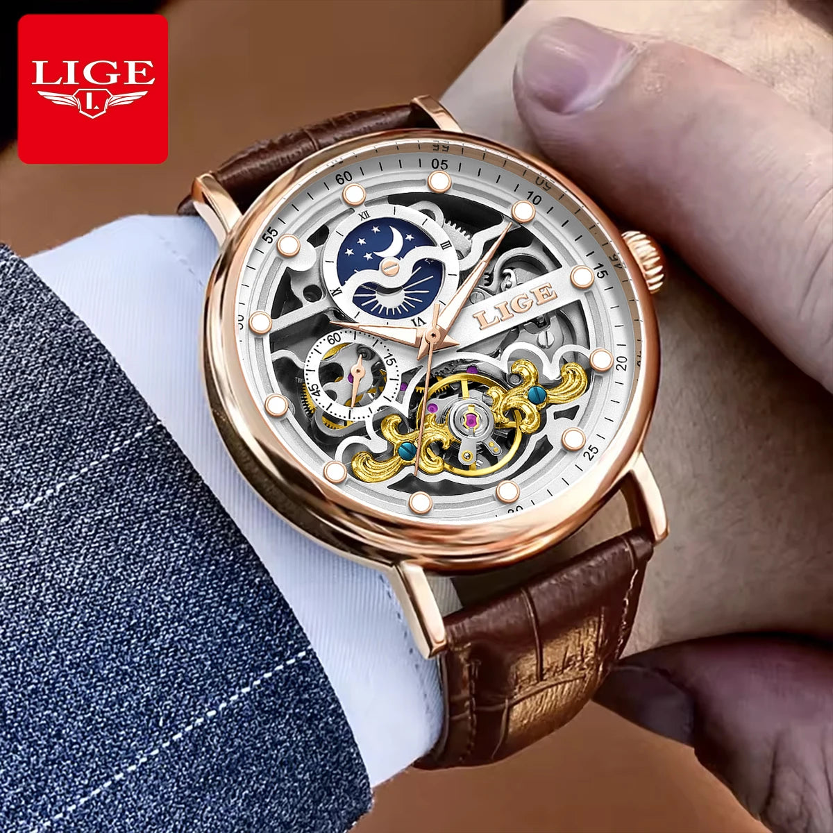 Neue LIGE Skelett Mechanische Automatik-Uhr Herren Tourbillon Sportuhr Freizeit Business Mond Armbanduhr Relojes Hombre