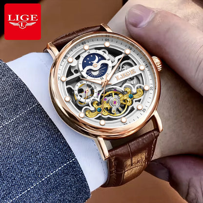 Neue LIGE Skelett Mechanische Automatik-Uhr Herren Tourbillon Sportuhr Freizeit Business Mond Armbanduhr Relojes Hombre