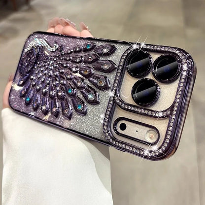 Hülle für iPhone 17 Pro Max 16 15 14 13 mit plattiertem Pfauenmuster, Glitzer-Diamant-Rhinestones, transparent und stoßfest