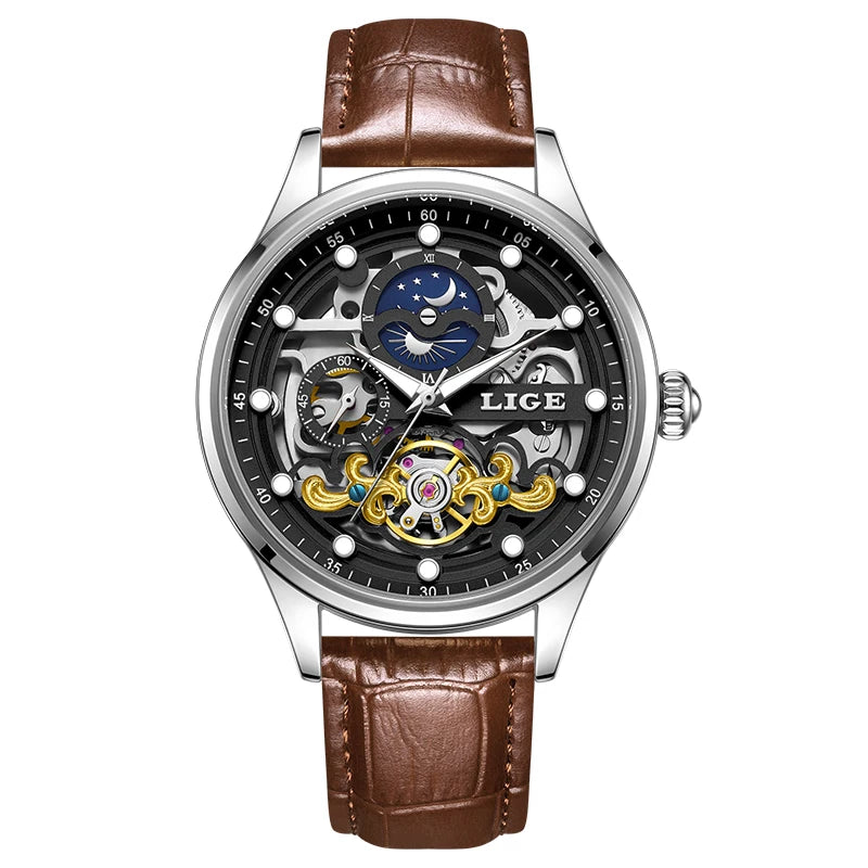 Neue LIGE Skelett Mechanische Automatik-Uhr Herren Tourbillon Sportuhr Freizeit Business Mond Armbanduhr Relojes Hombre