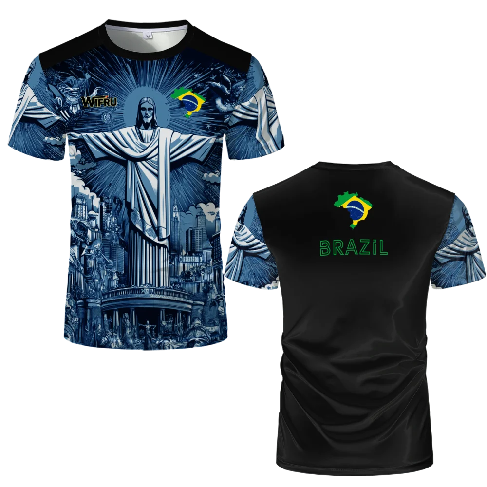 Brasilianische Flagge+Jesus 3D-Druck Sport Schnell trocknend Atmungsaktiv Herren Damen T-Shirt Outdoor Street Kurzarm