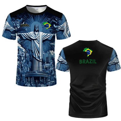 Brasilianische Flagge+Jesus 3D-Druck Sport Schnell trocknend Atmungsaktiv Herren Damen T-Shirt Outdoor Street Kurzarm