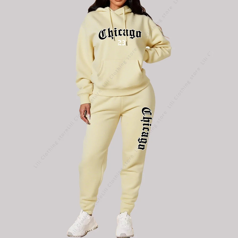 Damen Sets Hoodies Hosen 2-teilige Outfits Ästhetische Sportbekleidung Trainingsanzug Chicago Grafik Buchstaben Druck Plus Size Rosa Trainingsanzug
