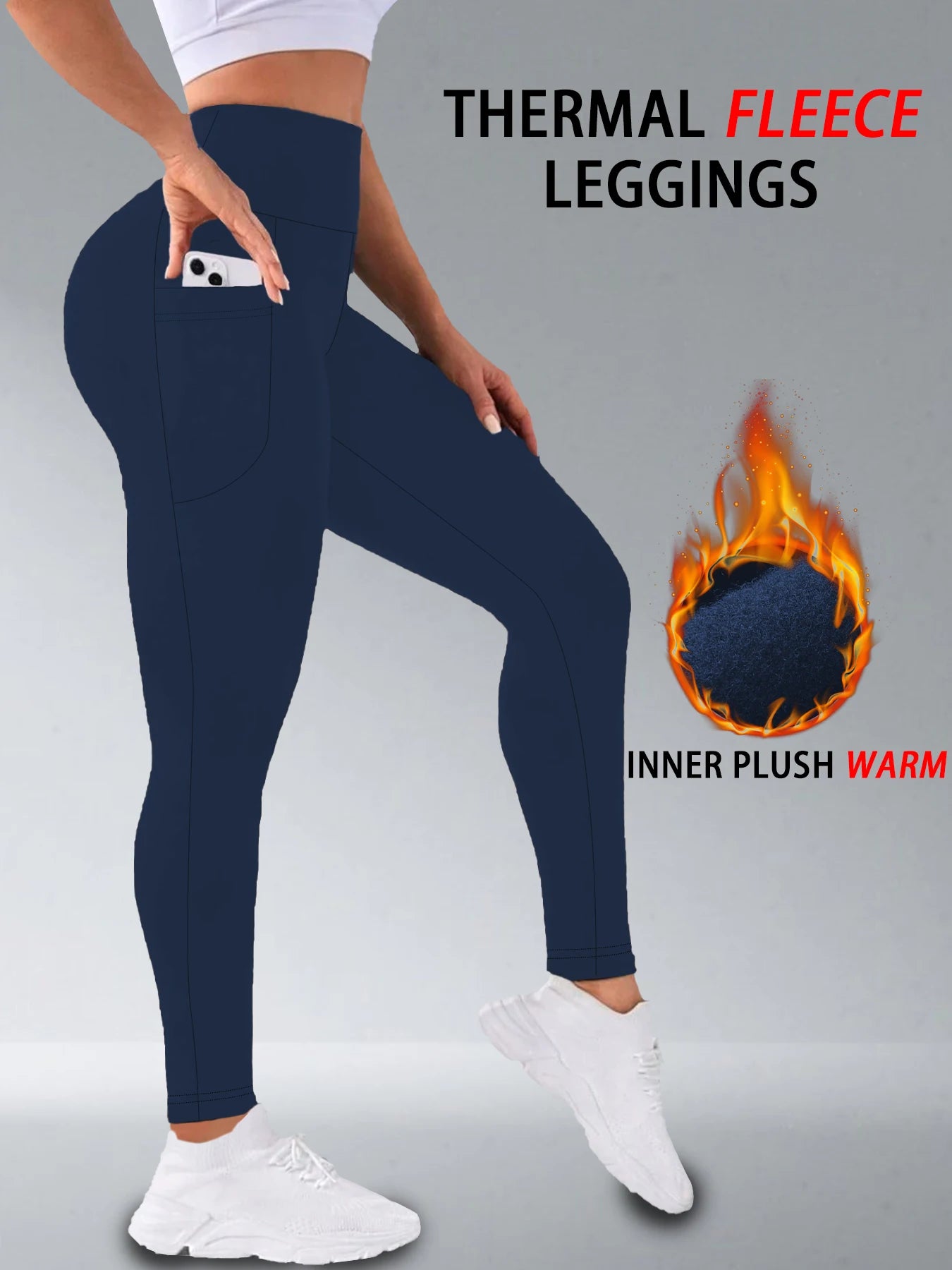 Damen Thermo-Leggings mit Hoher Taille und Taschen – Fleecegefüttert, Bauchformend, Winterwarm, Dicke Strumpfhose, Sport- und Laufhose
