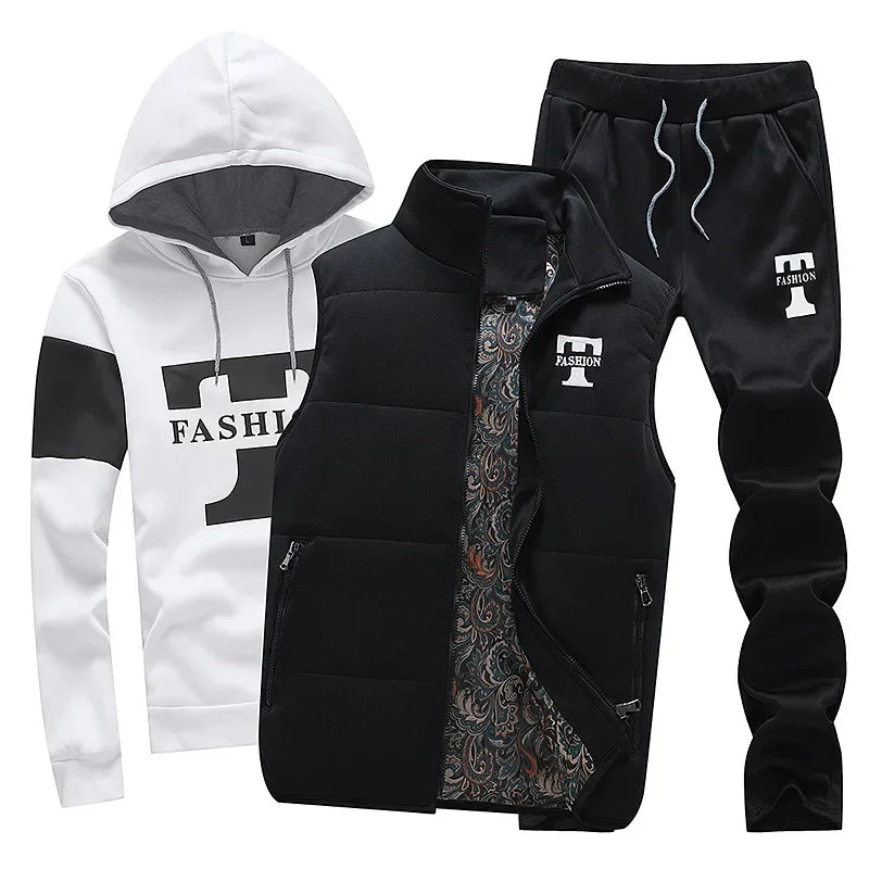 Herren Kapuzenpullover Herbst Winter Fleecegefüttert Verdicktes Freizeit-Sportanzug Modisches Dreiteiliges Set