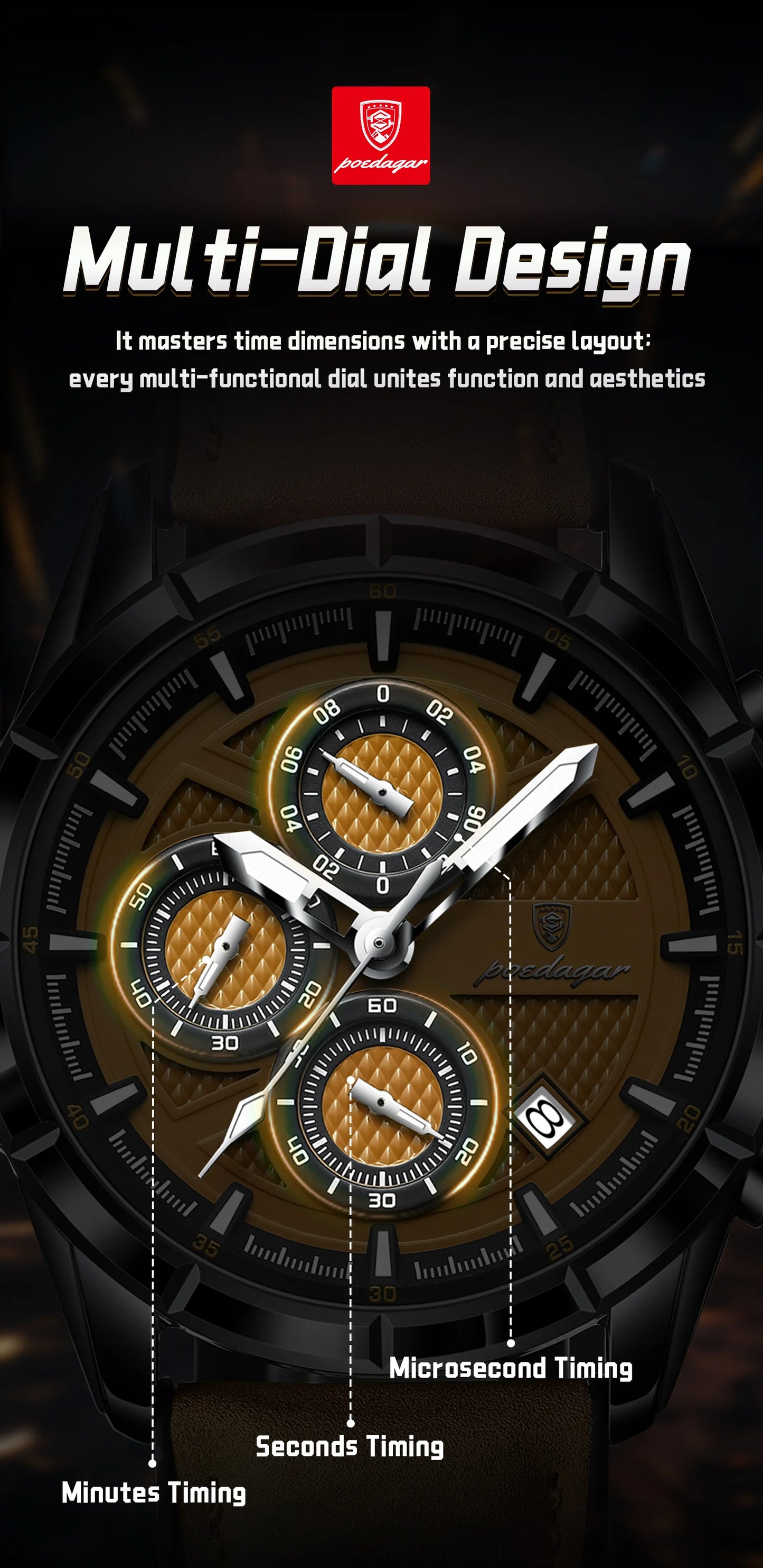 POEDAGAR Luxus Herrenarmbanduhr Quarz Original Leder Herren Uhren Datum Chronograph Wasserdicht Leuchtende Herrenuhr Männlich+Box