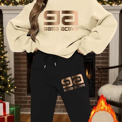 2-teiliges künstlerisches, elegantes Grafik-Slogan-gedrucktes Y2K-Stil neues Damen-Casual-Sport Set mit Rundhals-Pullover mit langen Ärmeln und Hose