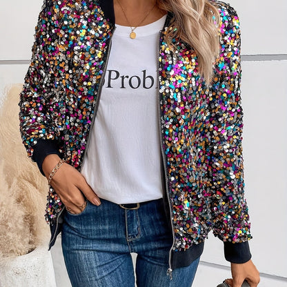 Elegante, mit Pailletten verzierte Damenjacke – schicker Bomber-Stil mit Reißverschluss, Baseballkragen, langen Ärmeln und buntem Punktmuster , aus nicht dehnbarem Polyestergewebe