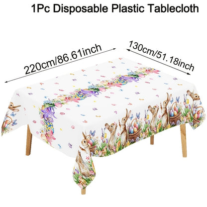 1 Stück festliche Tischdecke mit verspielten Motiven von Hasen, Ostereiern und Tulpen, Maße 130 x 220 cm. Diese Einweg-Kunststoff-Tischdecke in rechteckiger Form ist perfekt für Osterfeiern, Picknicks und heimisches Essen.