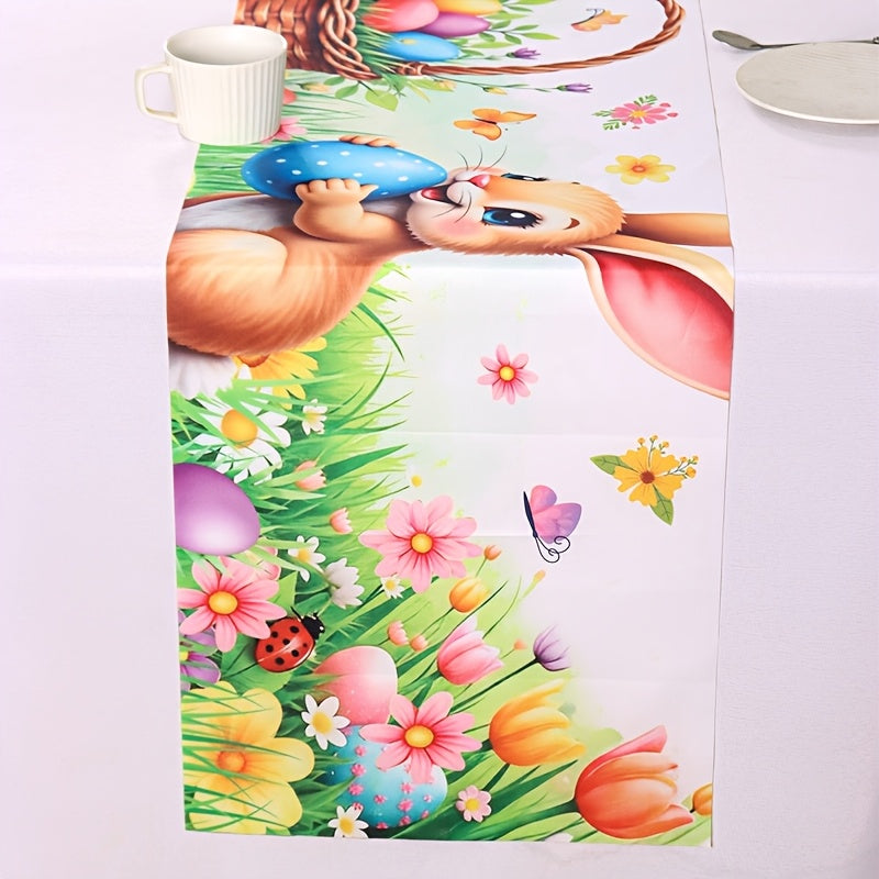 1 Stk. Frühling Oster-Tischdecke, lebendige Hasen, Eier, Blumen & Schmetterlings-Design Tischdecke, saisonale Frühlings-Küchen- und Esstischdekoration, Feiertags-Party-Outdoor-Dekor, Frohe Ostern Dekorationen für Zuhause, Landhausstil