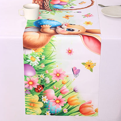 1 Stk. Frühling Oster-Tischdecke, lebendige Hasen, Eier, Blumen & Schmetterlings-Design Tischdecke, saisonale Frühlings-Küchen- und Esstischdekoration, Feiertags-Party-Outdoor-Dekor, Frohe Ostern Dekorationen für Zuhause, Landhausstil