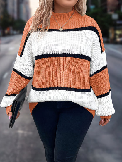 Übergröße, Neuer gestreifter Pullover für Damen Herbst/Winter, Farbblock-Lässig-Stil, Langarmshirt mit Rundhalsausschnitt