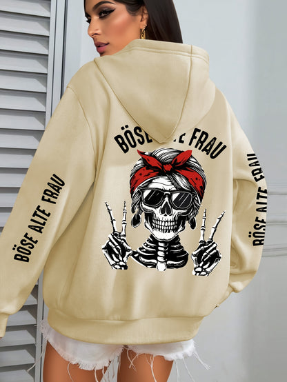 Große Größen  - Hoodie mit Totenkopf-Muster - Böse Alte Frau Druck
