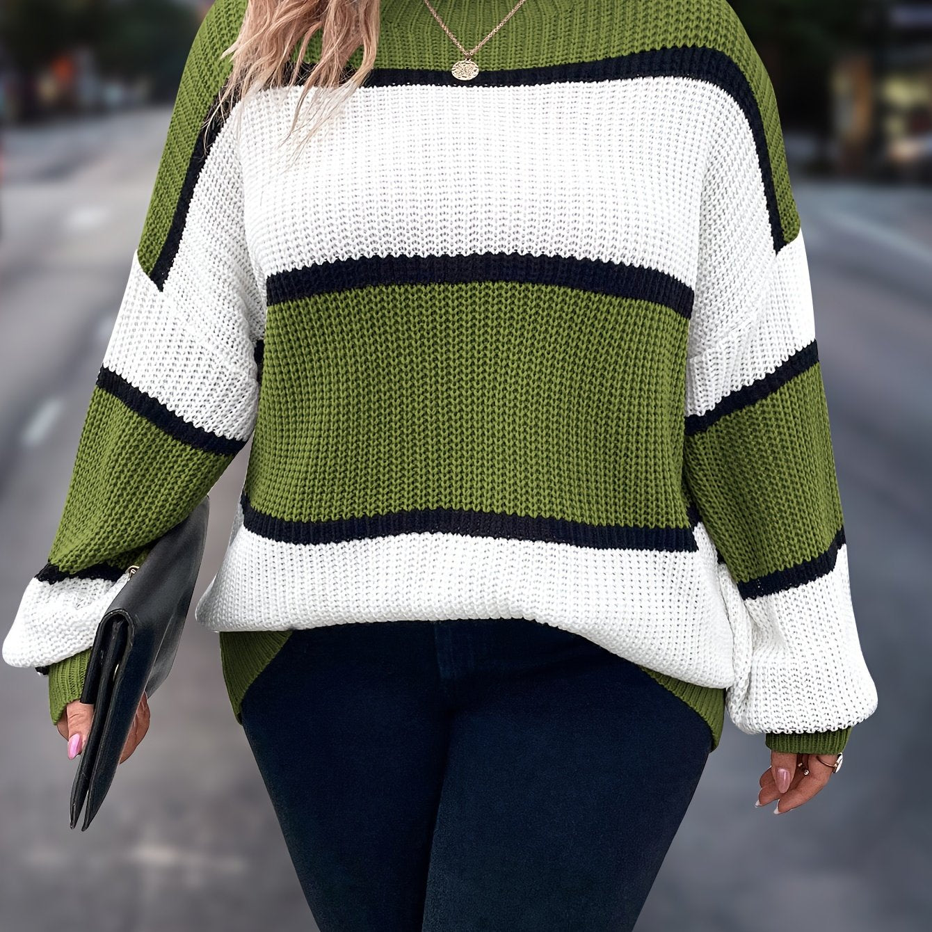 Übergröße, Neuer gestreifter Pullover für Damen Herbst/Winter, Farbblock-Lässig-Stil, Langarmshirt mit Rundhalsausschnitt