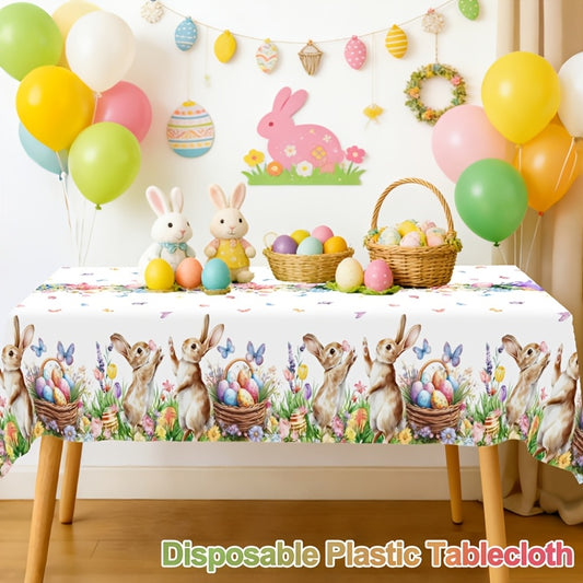 1 Stück festliche Tischdecke mit verspielten Motiven von Hasen, Ostereiern und Tulpen, Maße 130 x 220 cm. Diese Einweg-Kunststoff-Tischdecke in rechteckiger Form ist perfekt für Osterfeiern, Picknicks und heimisches Essen.