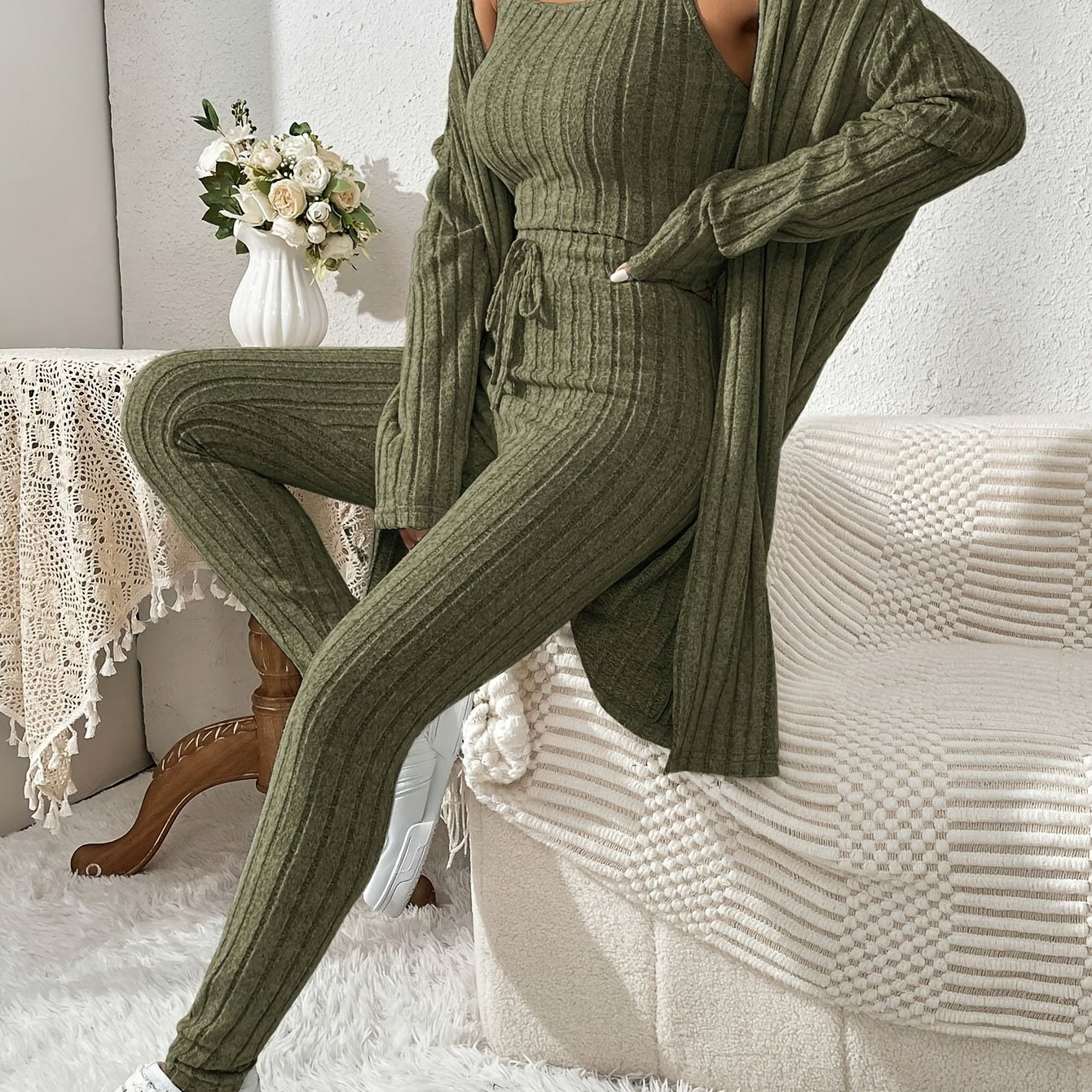 Übergröße, Damen Freizeit Strickjacke mit langen Ärmeln, Top und enge Hose Set, Übergröße Damen Herbst/Winter Dreiteiliges Hosen-Set