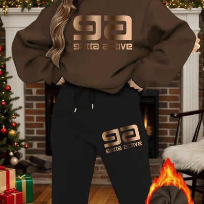 2-teiliges künstlerisches, elegantes Grafik-Slogan-gedrucktes Y2K-Stil neues Damen-Casual-Sport Set mit Rundhals-Pullover mit langen Ärmeln und Hose