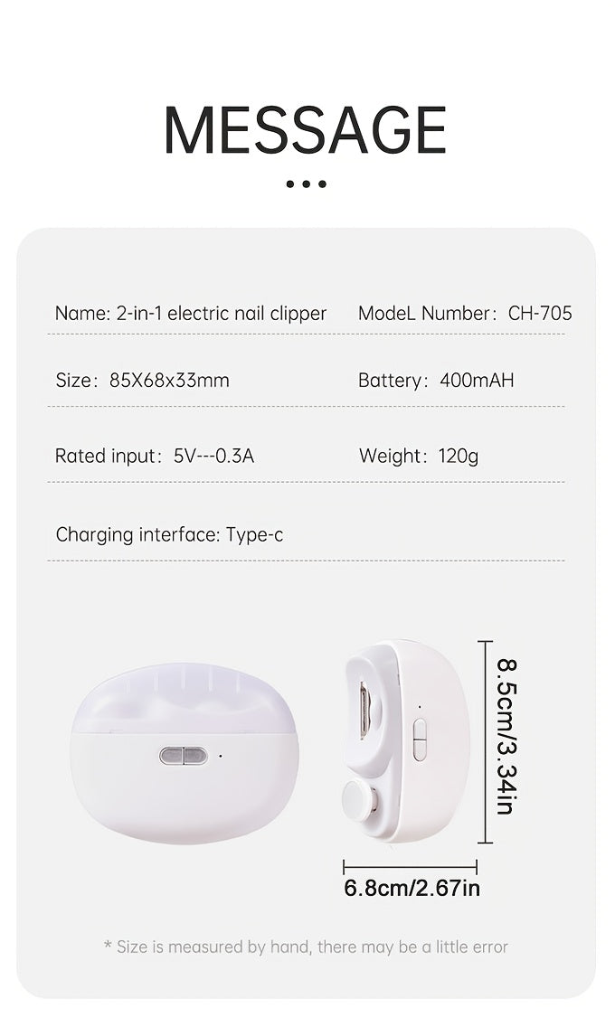 2-in-1 Elektrischer Nagelknipser und Polierer mit LED-Licht, Anti-Quetsch-Sicherheitsfunktion, Polier- und Schleiffunktionen, USB-Aufladung, Multifunktionales Maniküre-Werkzeug
