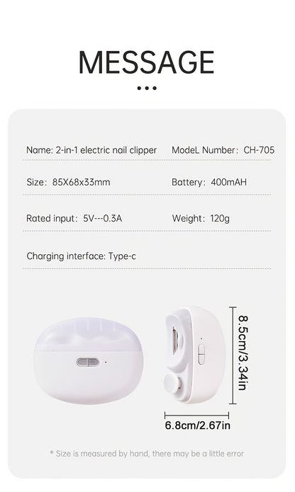 2-in-1 Elektrischer Nagelknipser und Polierer mit LED-Licht, Anti-Quetsch-Sicherheitsfunktion, Polier- und Schleiffunktionen, USB-Aufladung, Multifunktionales Maniküre-Werkzeug
