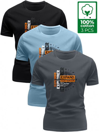 3 Stück - 100% Baumwolle T-Shirt mit Abenteuer-Stil Kompassdruck, lässiges Rundhals-Design, sommerliches trendiges Herrenoberteil